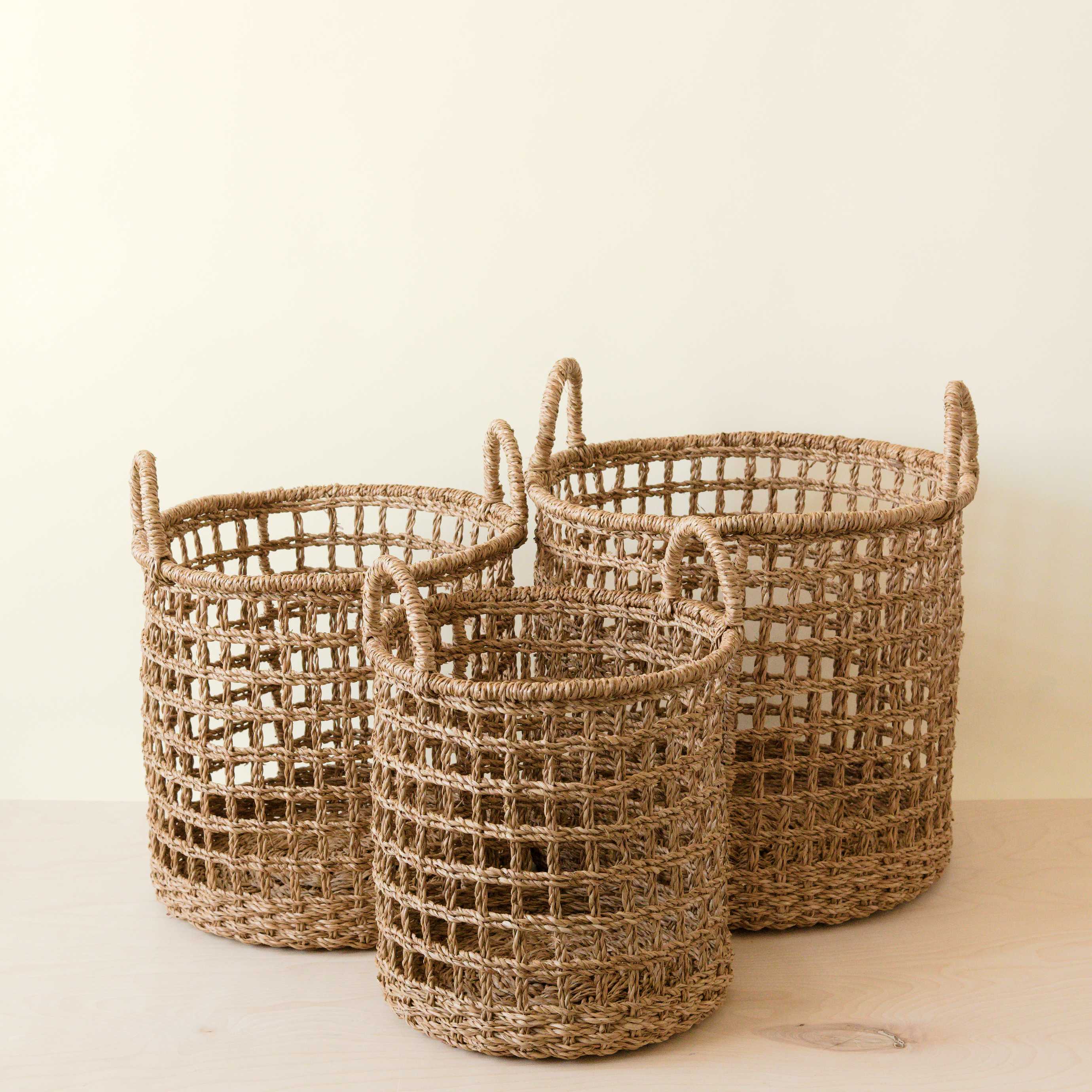 Seagrass Rope Open Weave Cylinder Basket with handles, nested set of 3 - Image 3